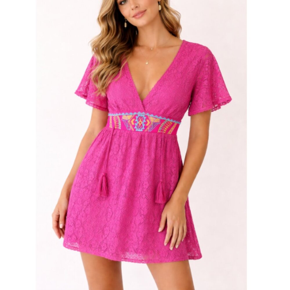 Francesca's Collections Women's Fuchsia Dina Be Lace Mini Dress Size L